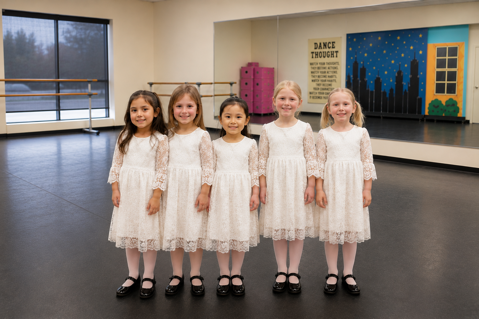 Five young KPAC dancers in white lace dresses smiling in the studio