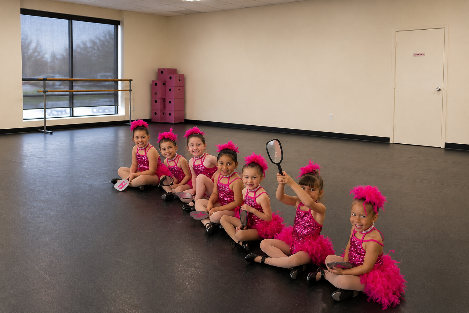 Seven young KPAC dancers in hot pink sequin costumes with feathered headpieces sitting in a row holding mirrors