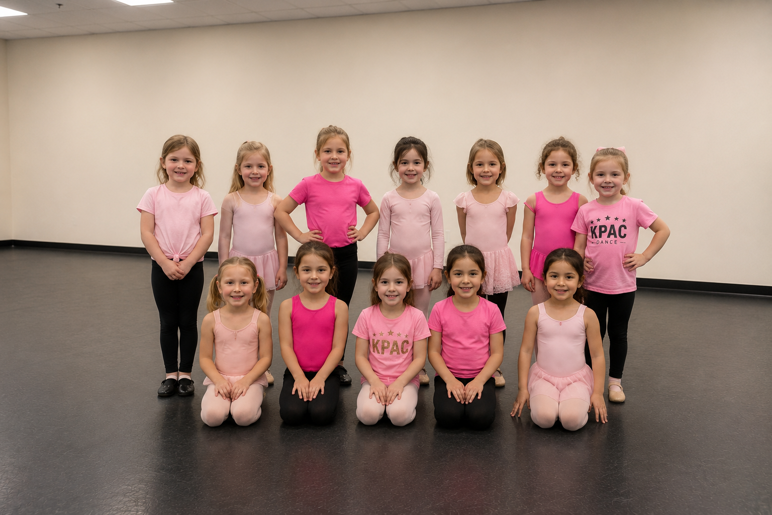 Group of young KPAC dancers in pink attire posing together in the studio